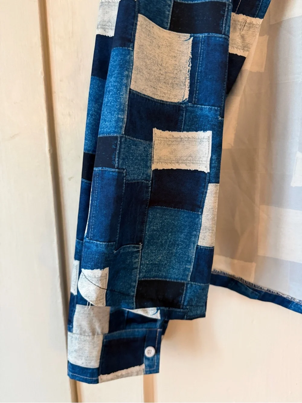 Blue and White Patchwork Button-Up Shirt - Picture 3 of 8